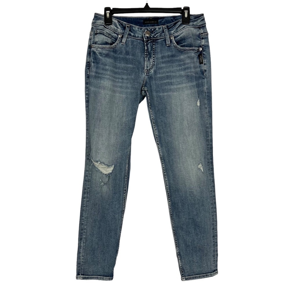 SILVER Jeans Women’s Boyfriend Blue Jeans Sz 7/8 Medium Wash Distressed Stretch